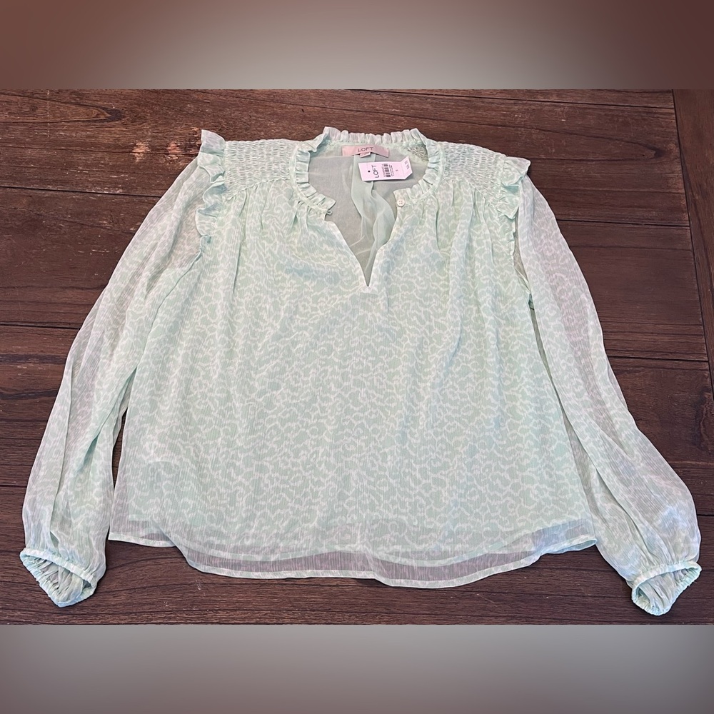 NWT Loft Green Sheer Long Sleeve Top Shirt Womens Small